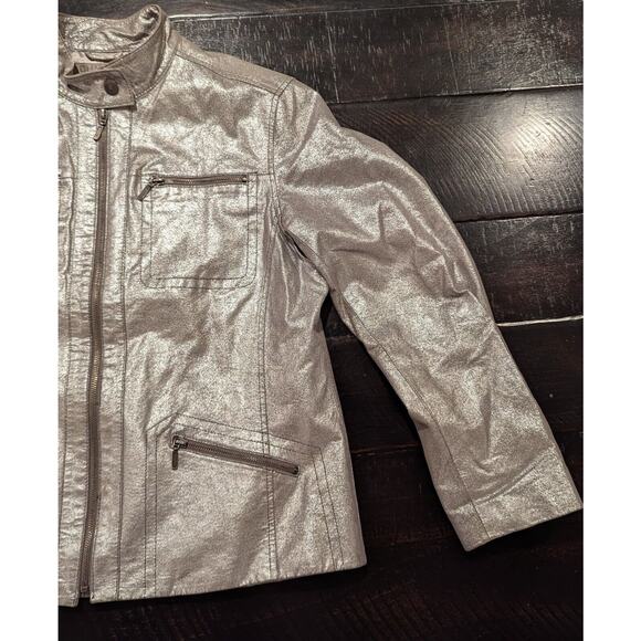 CHICO'S LEATHER MOTO JACKET Size 2 - 12  Silver Cracked FINISH Zippers| 250971 - Picture 3 of 8
